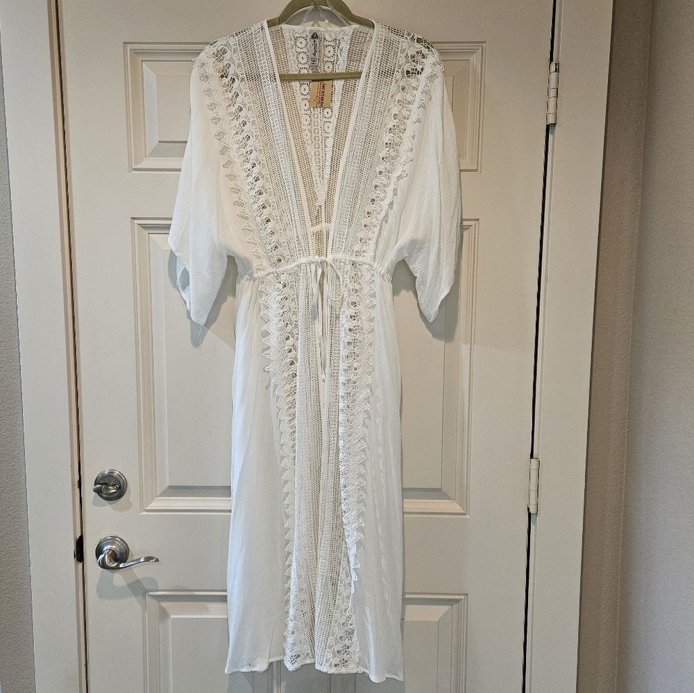 American Rag Maxi Kimono LS Tie Front Intricate Lace Sheer Egret White Small NWT - Picture 1 of 14